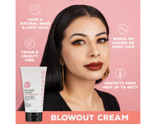 Blowout Cream: adds a natural shine and light hold, works on course or curly hair, vegan and cruelty free, protects from heat up to 450 degrees Fahrenheit 