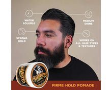 Firme Hold Pomade: Strong hold, water soluble, medium shine, works on all hair types and textures.