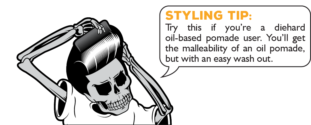 Styling Tip: Try this if you’re a diehard oil-based pomade user. You’ll get the malleability of an oil pomade, but with an easy wash out