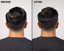 Load image into Gallery viewer, Before and after men’s hairstyle results using Suavecito DHT Blocker Matte Hair Cream—light hold, true matte finish, added texture and volume.