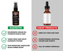 suavecito beard oil vs cheap products: suavecito - nourishing argan oil hydrates skin and hair, tames frizz and helps eliminate itching, signature masculine black amber scent. cheap products - dries out skin and hair, overpowering artificial colors and scents, full of harsh chemicals