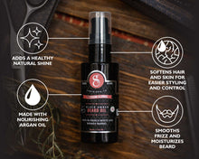 black amber beard oil infographic - adds a healthy natural shine, softens hair and skin for easier styling and control, made with nourishing argan oil, smooths frizz and moisturizes beard
