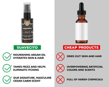 suavecito beard oil vs cheap products: suavecito - nourishing argan oil hydrates skin and hair, tames frizz and helps eliminate itching, signature masculine cedar cabin scent. cheap products - dries out skin and hair, overpowering artificial colors and scents, full of harsh chemicals