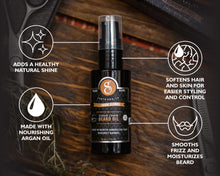 cedar cabin beard oil infographic - adds a healthy natural shine, softens hair and skin for easier styling and control, made with nourishing argan oil, smooths frizz and moisturizes beard
