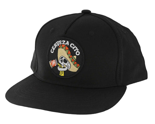 Chug Patch Hat. Black cap with 'Cerveza Cito' patch featuring a skull and sombrero design on a white background.
