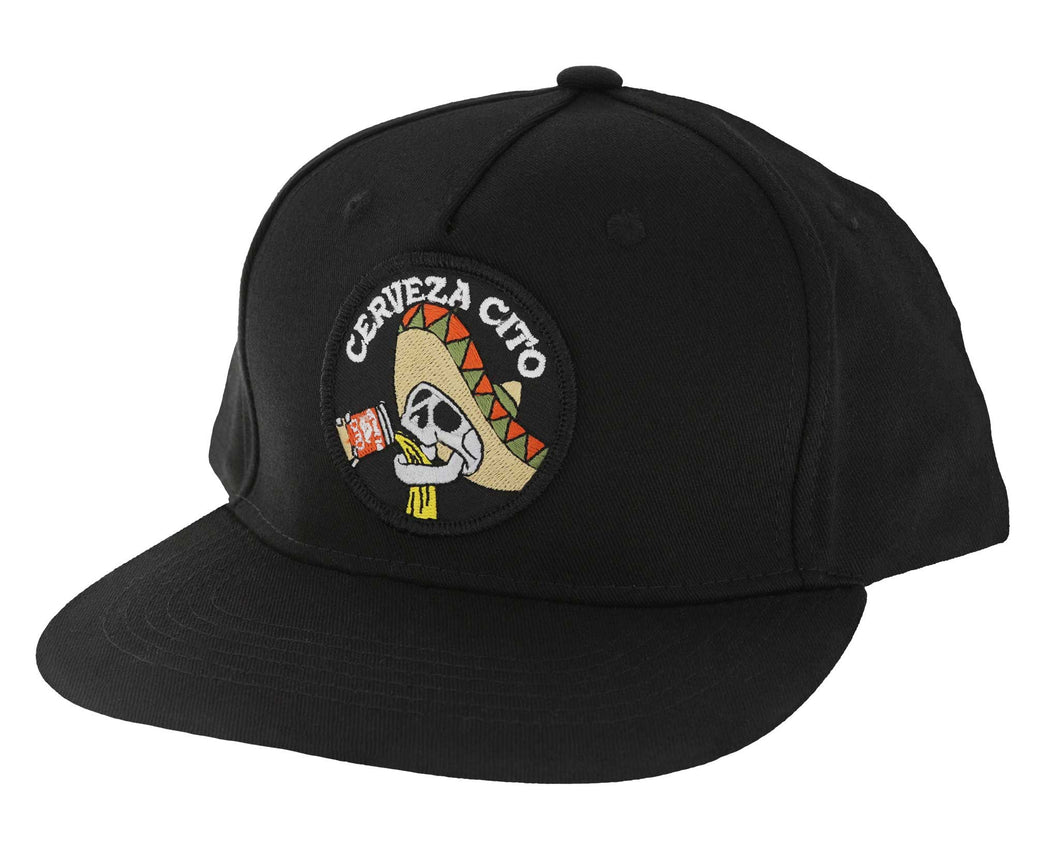 Chug Patch Hat. Black cap with 'Cerveza Cito' patch featuring a skull and sombrero design on a white background.