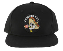 Load image into Gallery viewer, Chug Patch Hat. Black cap with &#39;Cerveza Cito&#39; logo featuring a skull and sombrero design on a white background.
