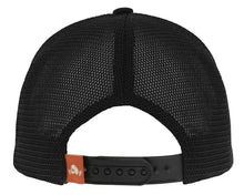 Load image into Gallery viewer, Chug Trucker Hat. Black mesh cap with an orange strap on a white background
