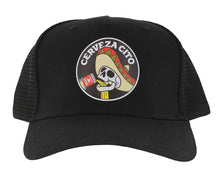 Load image into Gallery viewer, Chug Trucker Hat. Black trucker cap with &#39;Cerveza Cito&#39; logo featuring a skull and sombrero design.
