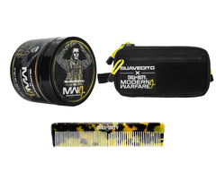 Suavecito X Call of Duty Firme Hold Pomade, Dopp Bag, and Acetate comb on a white background