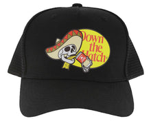 Load image into Gallery viewer, Down the Hatch Trucker Hat. Black cap with a colorful logo featuring a skull in a sombrero and the text &#39;Down the Hatch&#39; on a white background.
