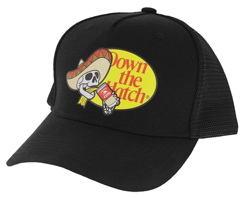 Down the Hatch Trucker Hat. Black cap with a colorful graphic and text on a white background