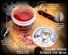 Foos Gone Wild Firme Hold Pomade: washes out easily with water, creamy consistency glides easily into hair, works on thick, curly, or unruly hair, medium shine and strong hold. Limited edition artwork and scent