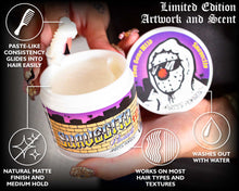 Foos Gone Wild Matte Pomade: Paste-like consistency glides into hair easily, natural matte finish and medium hold, works on most hair types and textures, washes out with water. Limited edition artwork and scent