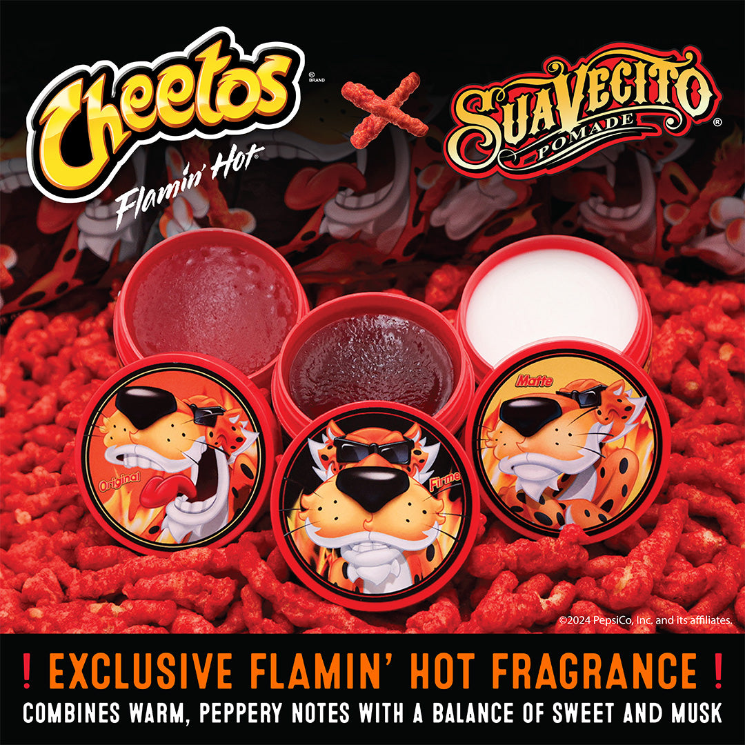 Flamin' Hot Cheetos X Suavecito. Exclusive Flamin' Hot fragrance combines warm peppery notes with a balance of sweet and musk