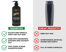 Suavecito OG Conditioner comparison graphic showing bottle and benefits—daily hydration, detangling, lightweight non-greasy, rinse-clean formula with signature barbershop scent.