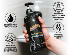 Suavecito OG Conditioner infographic showing bottle and key benefits—daily hydration and detangling, lightweight non-greasy, rinse-clean formula with signature Suavecito scent.