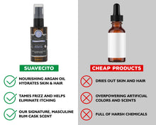 suavecito beard oil vs cheap products: suavecito - nourishing argan oil hydrates skin and hair, tames frizz and helps eliminate itching, signature masculine Rum Cask scent. cheap products - dries out skin and hair, overpowering artificial colors and scents, full of harsh chemicals
