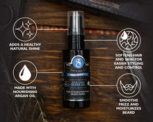 rum cask beard oil infographic - adds a healthy natural shine, softens hair and skin for easier styling and control, made with nourishing argan oil, smooths frizz and moisturizes beard
