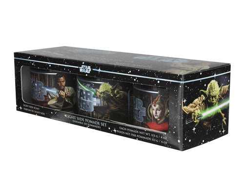 Set of Star Wars-themed Pomades in packaging with character images on a white background