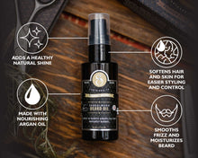 sandalwood beard oil infographic - adds a healthy natural shine, softens hair and skin for easier styling and control, made with nourishing argan oil, smooths frizz and moisturizes beard