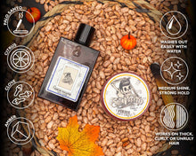 Set of Santo Sunset cologne and Firme pomade displayed together with infographic style scent notes: citrus, palo santo wood, amber and spice on warm toned background”