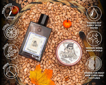Santo Sunset product set including original pomade and cologne, with infographic showing scent notes of citrus, palo santo wood, amber, and spice on warm sunset-tones background”