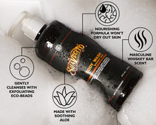 Bottle of Suavecito body wash with features highlighted on a white background