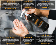 Hand holding a bottle of body wash with customer reviews displayed above.