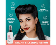 Argan Silkening Serum: adds shine, vegan and cruelty free, restores moisture and smooths frizz, certified organic argan oil