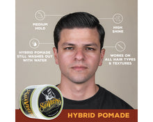 Hybrid Pomade: Medium hold, High Shine, works on all hair types and textures. hybrid pomade still washes out with water