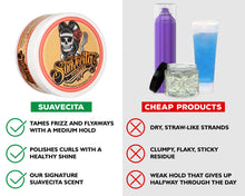 Suavecita hair product packaging with comparison of 'cheap products' on a white background.