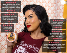 Woman holding Suavecita with customer reviews displayed around her