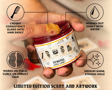 Firme Pomade Santo Sunset infographic showing scented notes like palo santo, citrus, spice and amber with clean product-brand graphics on warm sunset tones”