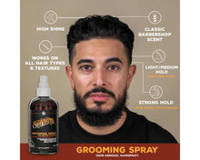 Grooming Spray: High shine, works on all hair types and texture, classic barbershop scent, light/medium hold, strong hold.
