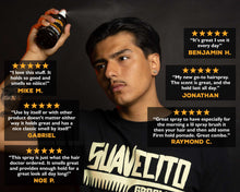Man spraying hair with Suavecito Grooming Spray (non-aerosol hairspray) alongside 5-star customer reviews praising all-day hold, classic scent, and daily use