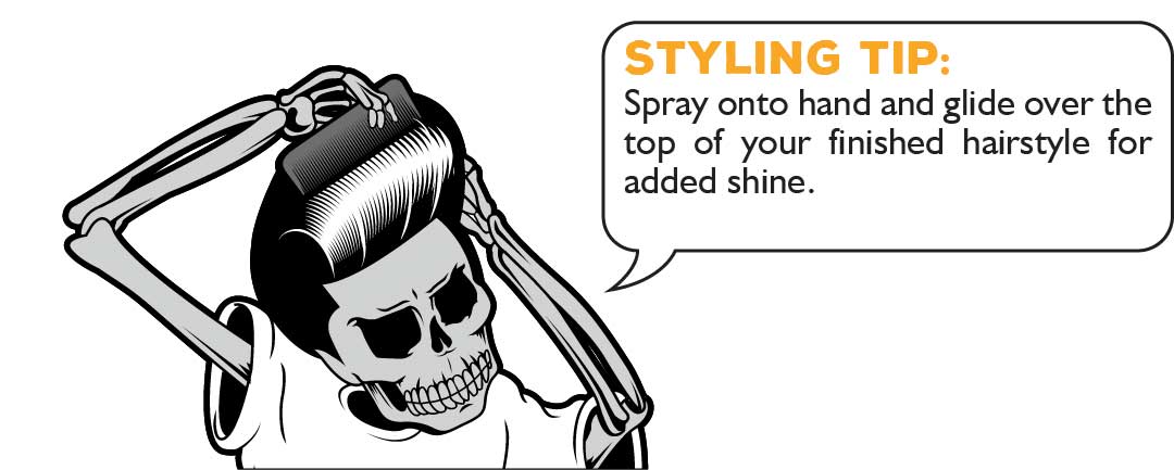 Styling Tip: Spray onto hand and glide over the top of your finished hairstyle for added shine.