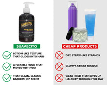 Suavecito Hair Cream with comparison to 'cheap products' on a white background