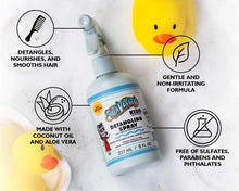 kids detangling spray. detangles, nourishes and smooths hair. Gentle and non-irritating formula. Made with coconut oil and aloe vera. Free of sulfates, parabens, and phthalates