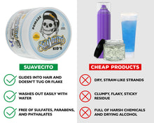 Suavecito Kids pomade packaging with product features and comparison to 'cheap products' on a white background.