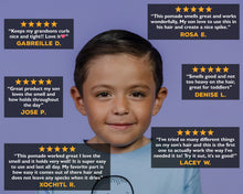 Child with product reviews on a purple background