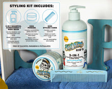 Suavecito Kids styling kit with shampoo, conditioner, pomade, and comb on a blue towel.