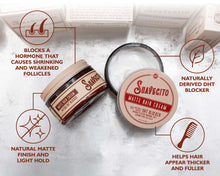 Load image into Gallery viewer, matte hair cream infographic - blocks a hormone that causes shrinking and weakened follicles, naturally derived DHT blocker, natural matte finish and light hold, helps hair appear thicker and fuller
