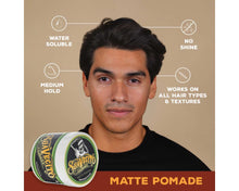 Matte Pomade: Water soluble, medium hold, no shine, works on all hair types & textures.