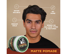 Matte Pomade: Water soluble, medium hold, no shine, works on all hair types & textures.