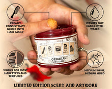 Original Pomade Santo Sunset edition infographic featuring scent notes of citrus, palo santo wood, amber, and spice displayed on a warm sunset-themed background”