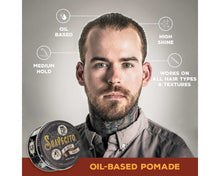 Oil Based Pomade: Oil based, high shine, medium hold, works on all hair types & textures.