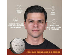 Premium Blends Hair Pomade: Medium Hold, high shine, hybrid pomade still washes out with water, works on all hair types and textures.