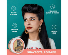 Suavecita Pomade: water soluble, polishes curls and waves, medium shine, medium hold