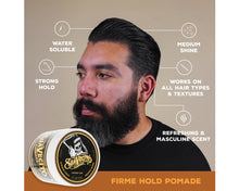 Whiskey Bar firme hold pomade. water soluble, strong hold, medium shine, works on all hair types and textures. refreshing and masculine scent